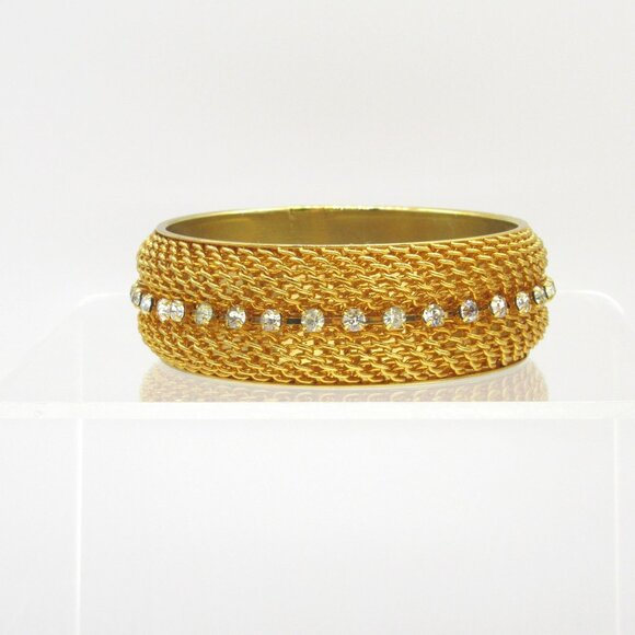 Y2K Gold Wide Mesh Bangle Bracelet Crystal Rhinestone Lee Angel Neiman Marcus - Picture 6 of 9